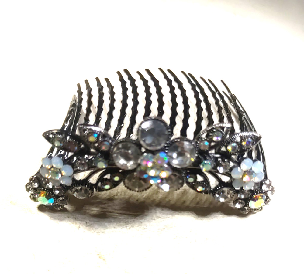 Barrette Hair Comb Black Metal Rhinestone Clear White Floral hair Bun Fancy...